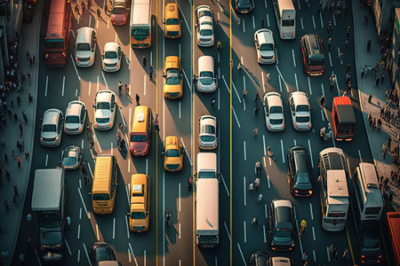 traffic jam in urban transport, aerial view of busy city street, created with generative aiの素材