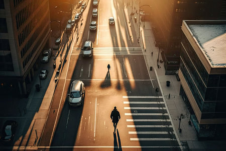 morning person walking on sidewalk of modern city street end view aerial photo, created with generative aiの素材