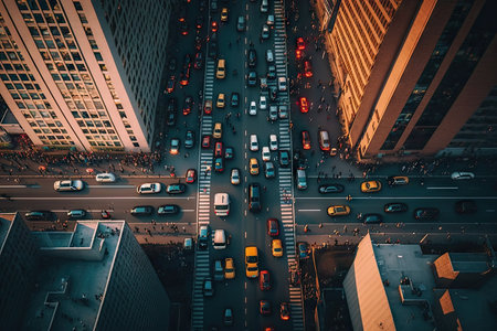 straight streets and traffic jams in big city, aerial view of busy city street, created with generative aiの素材