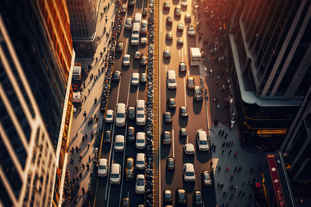 straight streets and traffic jams in big city, aerial view of busy city street, created with generative aiの素材