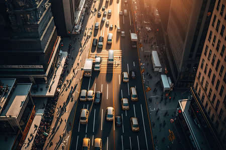 morning rush hour in metropolis, aerial view of busy city street, created with generative aiの素材