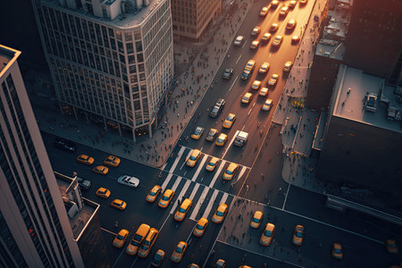 morning rush hour in metropolis, aerial view of busy city street, created with generative aiの素材