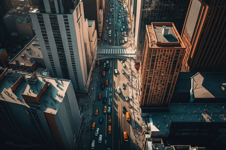 exterior urban landscape of tall buildings and roads at aerial view of busy city street, created with generative aiの素材