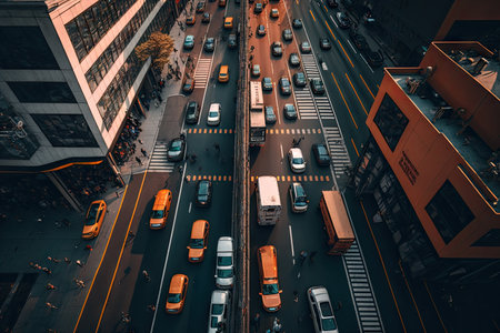 view from drone on busy city street with traffic, created with generative aiの素材