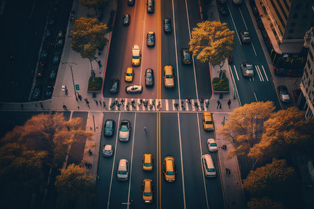 view from drone on busy city street with traffic, created with generative aiの素材