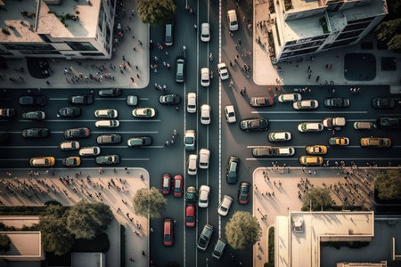heavy traffic jam in city street, aerial view of busy city street, created with generative aiの素材