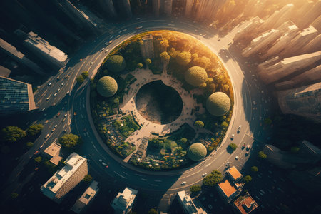 inhabited planet earth in near future, aerial view of busy city street, created with generative aiの素材
