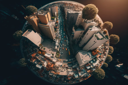 inhabited planet earth in near future, aerial view of busy city street, created with generative aiの素材