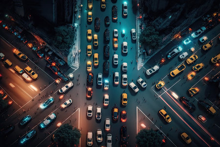 night traffic congestion in busy city street on aerial view of city, created with generative aiの素材