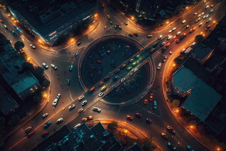 night traffic congestion in busy city street on aerial view of city, created with generative aiの素材