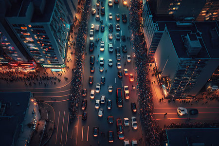 night traffic congestion in busy city street on aerial view of city, created with generative aiの素材