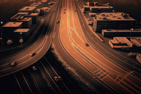 dark brown asphalt highway with lines and traffic, aerial view of busy city street, created with generative aiの素材