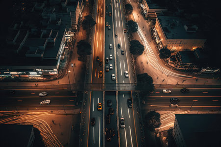dark brown asphalt highway with lines and traffic, aerial view of busy city street, created with generative aiの素材