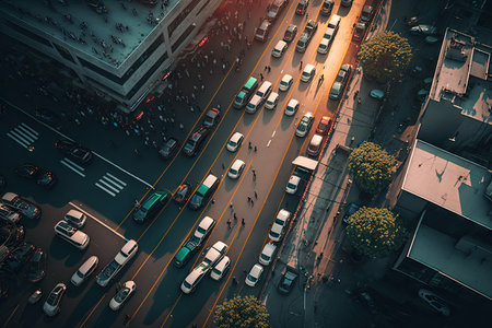 busy traffic in city close to shops, aerial view of busy city street, created with generative aiの素材