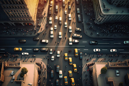 automobile traffic on busy city street from drone aerial view, created with generative aiの素材