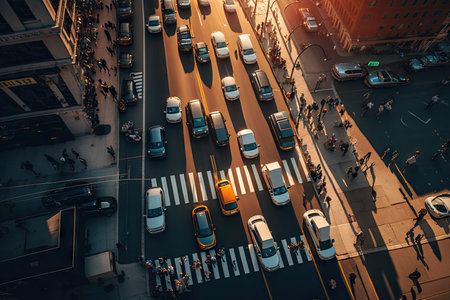 automobile traffic on busy city street from drone aerial view, created with generative aiの素材