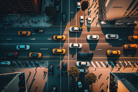 automobile traffic on busy city street from drone aerial view, created with generative aiの素材