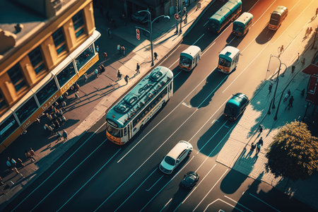 traffic streets and tram going forward, aerial view of busy city street, created with generative aiの素材
