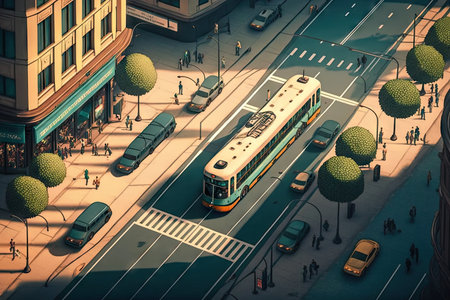 traffic streets and tram going forward, aerial view of busy city street, created with generative aiの素材