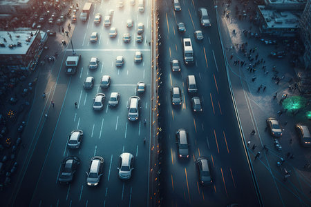 tracks on wet asphalt highway in traffic jams, aerial view of busy city street, created with generative aiの素材