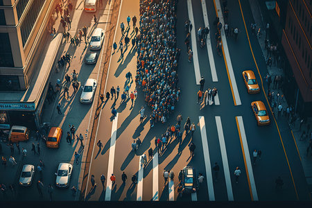 people walking on roadway of large city, aerial view of busy city street, created with generative aiの素材