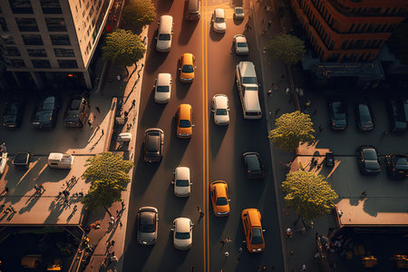 tram traffic in and around city on aerial view of busy city street, created with generative aiの素材