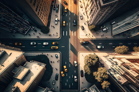 view of city street straight ahead from top drone aerial view of busy city street, created with generative aiの素材
