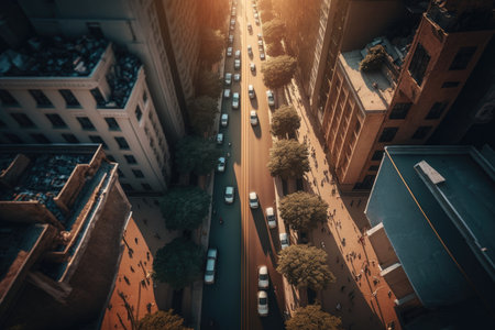 view of city street straight ahead from top drone aerial view of busy city street, created with generative aiの素材