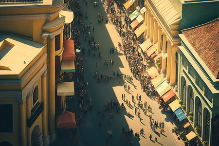long pedestrian street in city, aerial view of busy city street, created with generative aiの素材