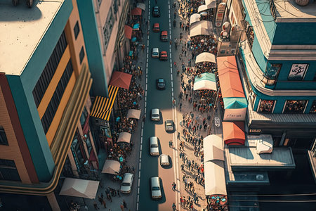 long pedestrian street in city, aerial view of busy city street, created with generative aiの素材