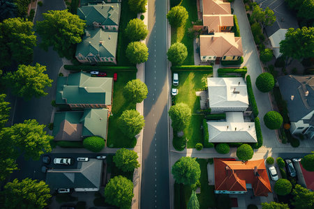 urban street with green lawns and houses in distance, aerial view of busy city street, created with generative aiの素材
