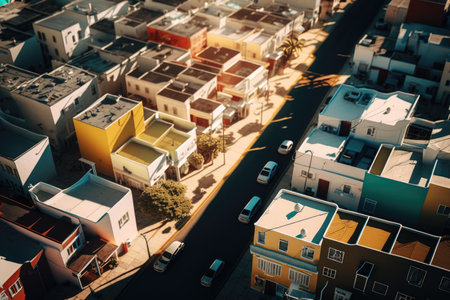 shops and houses standing densely on sunny day aerial view of busy city street, created with generative aiの素材