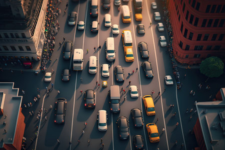 traffic jam on two-way street with cars along curb, aerial view of busy city street, created with generative aiの素材