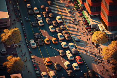 traffic jam on two-way street with cars along curb, aerial view of busy city street, created with generative aiの素材