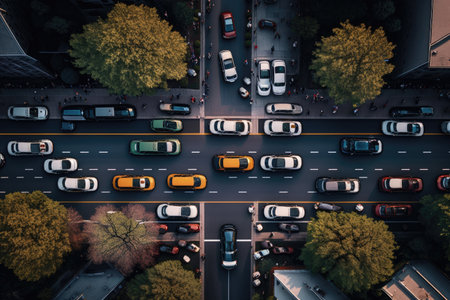 traffic jam on two-way street with cars along curb, aerial view of busy city street, created with generative aiの素材