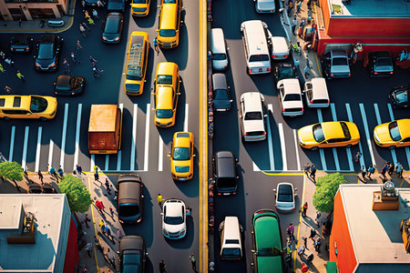 traffic jam on two-way street with cars along curb, aerial view of busy city street, created with generative aiの素材