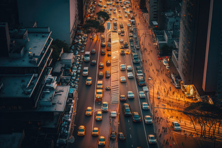 evening traffic jam on city street, aerial view of busy city street, created with generative aiの素材