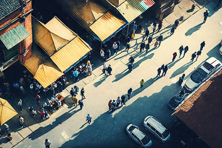 people walking along pedestrian shopping street, aerial view of busy city street, created with generative aiの素材