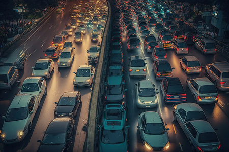 traffic jam on busy city street during rush hour, created with generative aiの素材