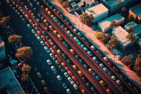 long road with many colorful cars, aerial view of busy city street, created with generative aiの素材