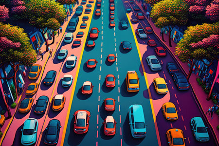 long road with many colorful cars, aerial view of busy city street, created with generative aiの素材