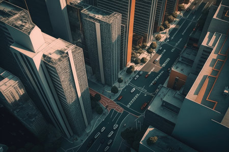 high-rise office buildings in city, aerial view of busy street, created with generative aiの素材