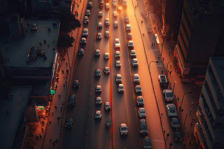 evening lights on cars in traffic, aerial view of busy city street, created with generative aiの素材