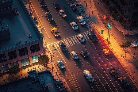 evening lights on cars in traffic, aerial view of busy city street, created with generative aiの素材