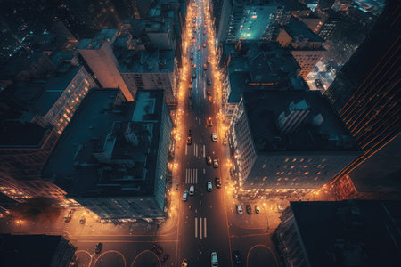 night view of city streets and tall buildings in lights, aerial view of busy city street, created with generative aiの素材
