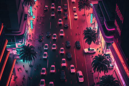 bright neon lights of city, people and cars on road, aerial view of busy street, created with generative aiの素材