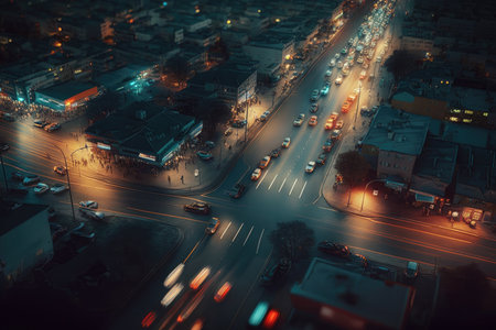 night image with street lamps, car traffic and transport, aerial view of busy city street, created with generative aiの素材