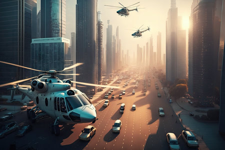 morning in modern metropolis day against backdrop of skyscrapers and helicopters, aerial view of busy city street, created with generative aiの素材