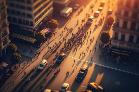 people walking along urban street at sunset, aerial view of busy city street, created with generative aiの素材