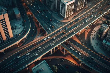 roads and railways in urban district of city, aerial view of busy city street, created with generative aiの素材